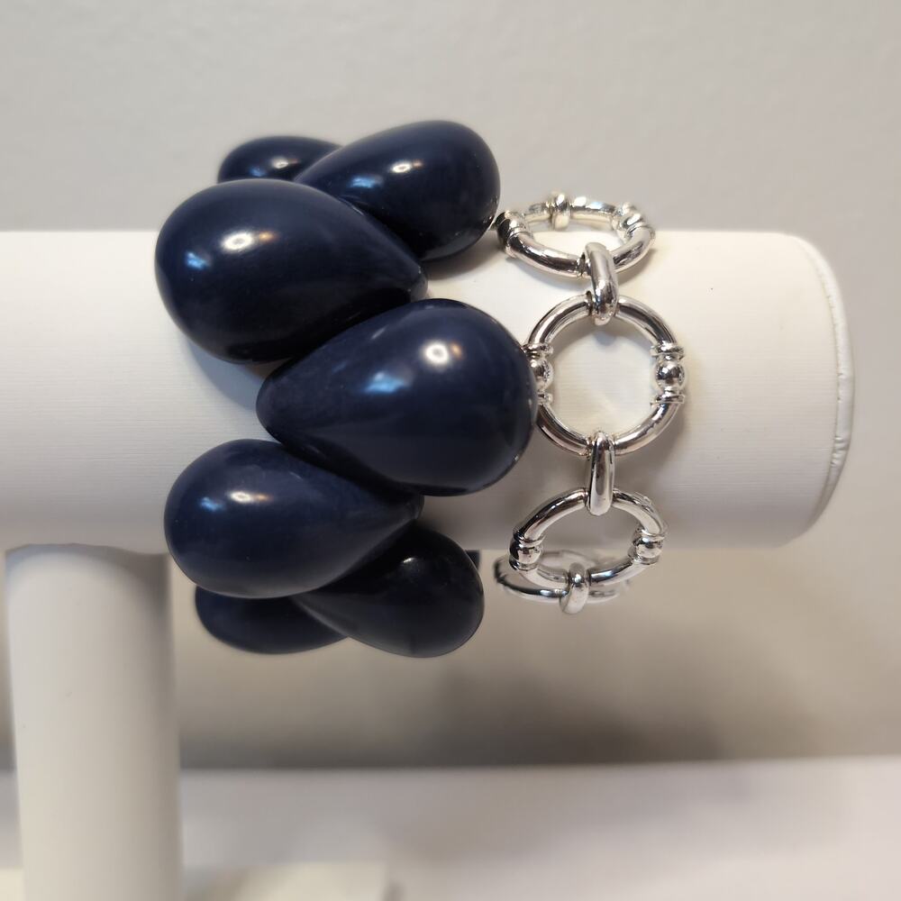 Chunky Navy Blue and Silver Tone Bracelet Set